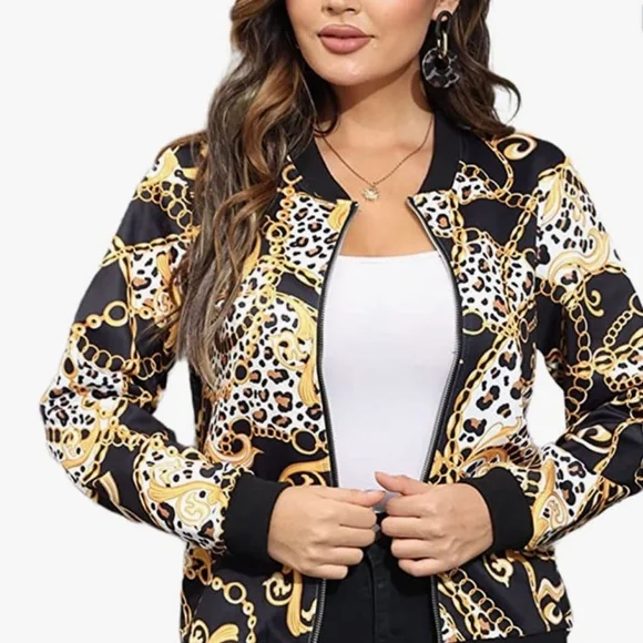 Womens Stand Collar Leopard Coat Long Sleeve Shirt Floral Printed Zip Up Casual
